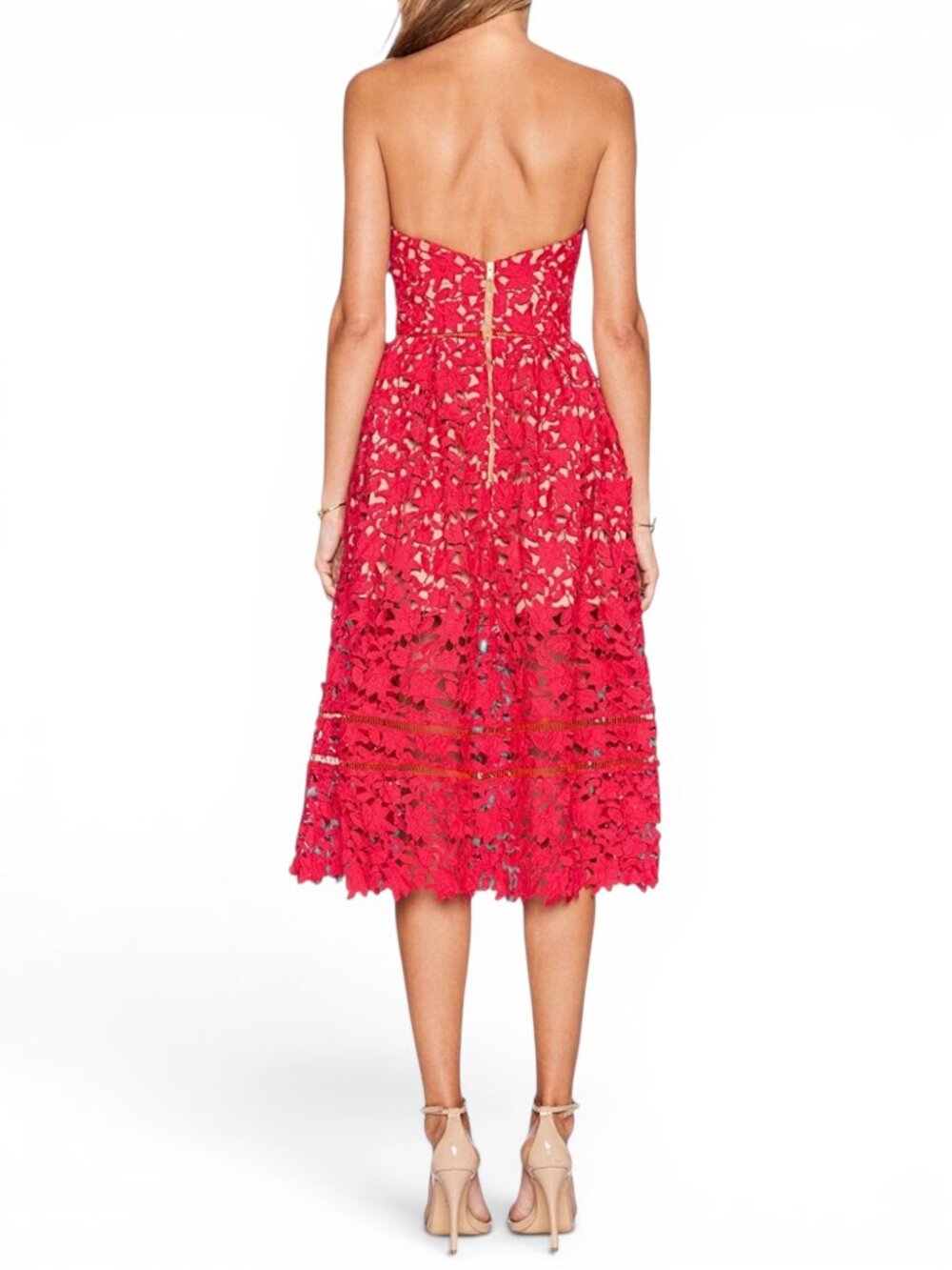 Self Portrait Azalea Red Guipure Lace Midi Dress Strapless Evening Party Event S - Picture 2 of 6